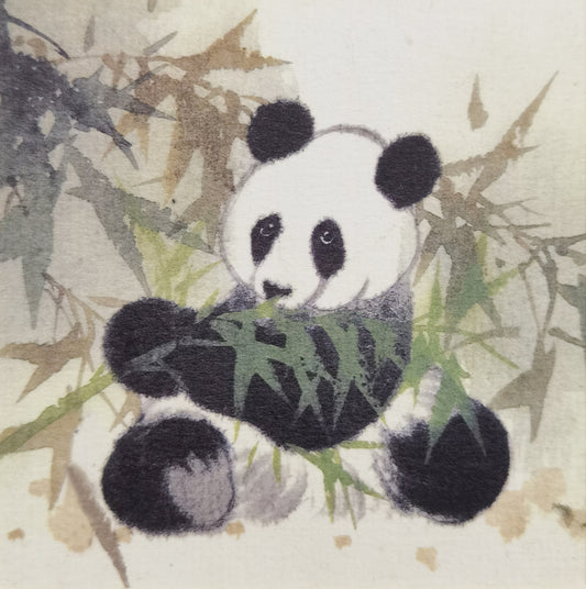 Handmade Painting Panda Feeding on Bamboo Playful Cute