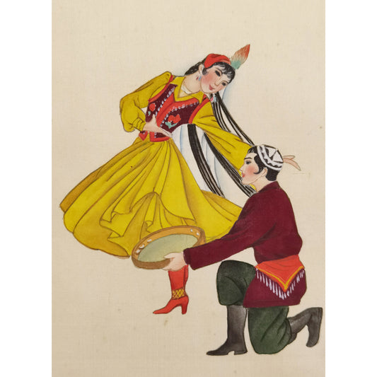 Hand-painted Uyghur Dancers Artwork – Fine Brush Technique, Premium MATT Paper, Natural Wood Frame, Multiple Sizes & Colors