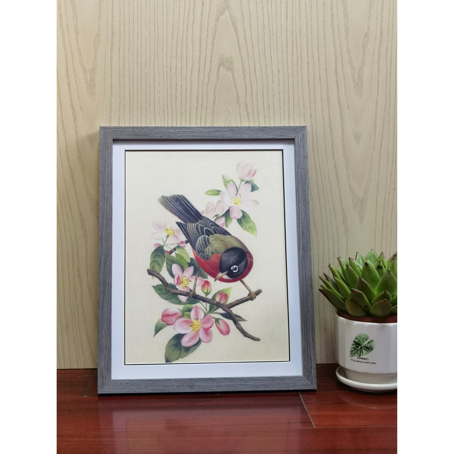 Michigan American Robin Hand-painted Art Print - Premium MATT Paper, Natural Wood Frame, Multiple Sizes & Colors, Wall & Tabletop Décor
