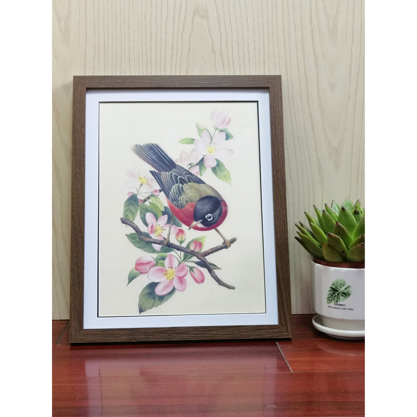 Michigan American Robin Hand-painted Art Print - Premium MATT Paper, Natural Wood Frame, Multiple Sizes & Colors, Wall & Tabletop Décor