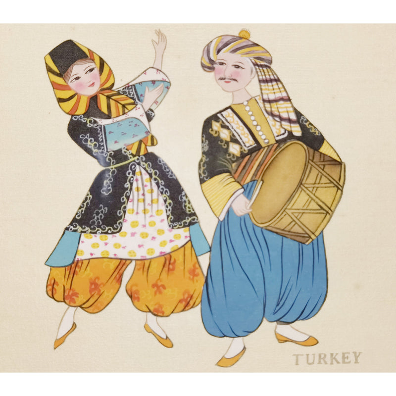 Hand-Painted Turkish Traditional Folk Art Men & Women Costumes, Wood Framed, MATT Paper Print