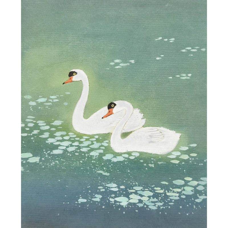 Hand-painted Pair of Swans on Blue Pond Artwork – Watercolor Technique, Premium MATT Paper, Natural Wood Frame, Multiple Sizes & Colors