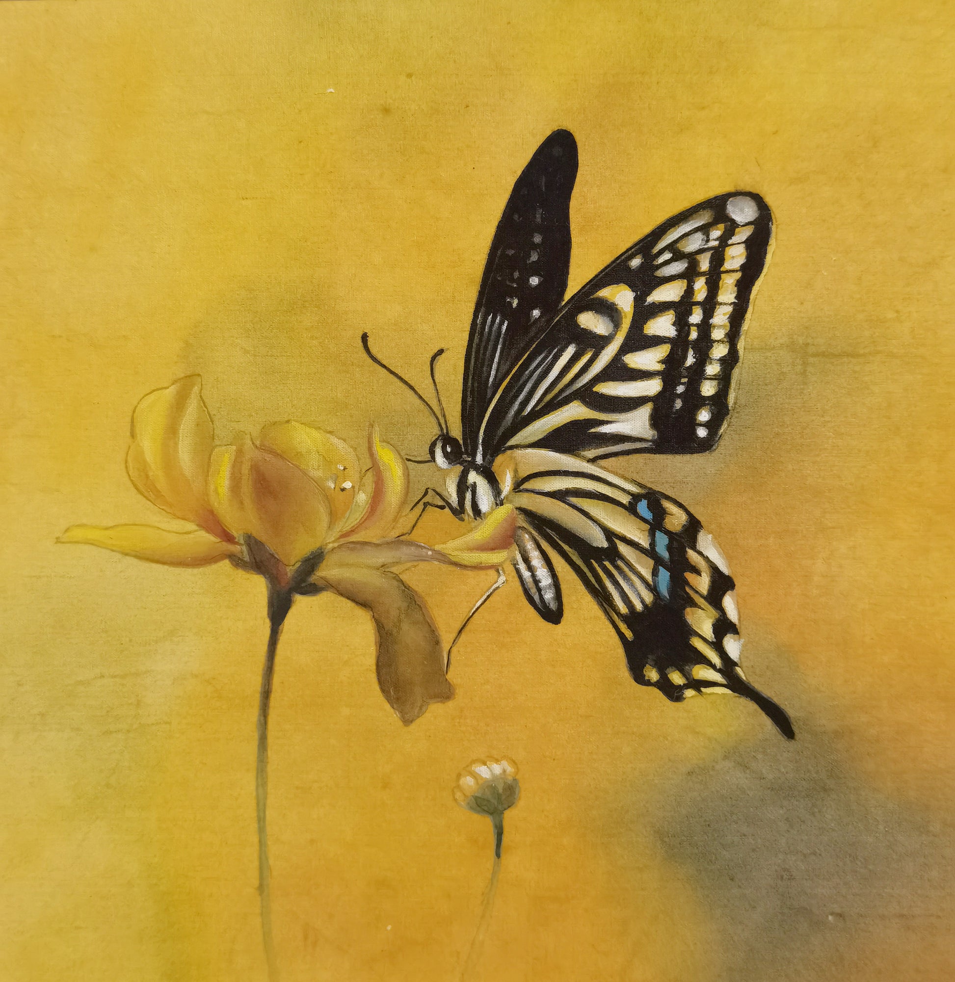 Butterfly Perception Handmade Art Printing Insects Yellow Flower with Wood Frame