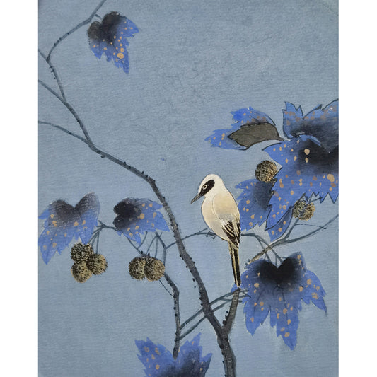 Hand-painted Nightingale on Paulownia Tree Branch Artwork – Watercolor Technique, Premium MATT Paper, Natural Wood Frame, Multiple Sizes & Colors