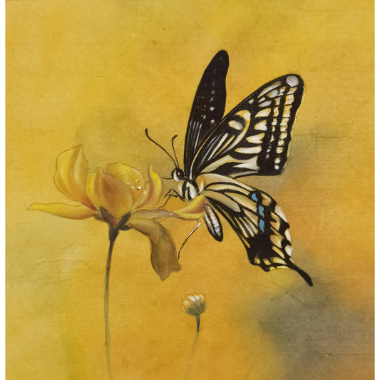 Hand-painted Butterfly on Flower Artwork – Fine Brush Technique, Premium MATT Paper, Natural Wood Frame, Multiple Sizes & Colors