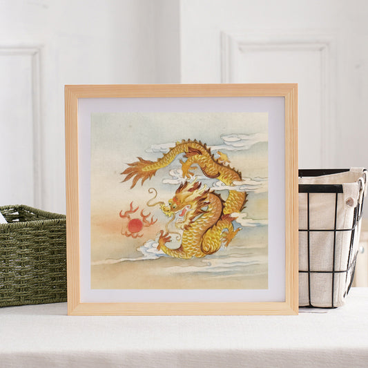 Golden Dragon Perception Handmade Art Printing Animal Auspicious Fiery Fierce with Wood Frame