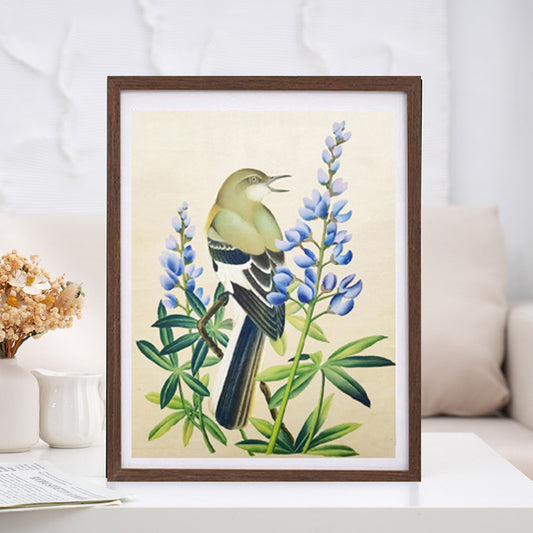 MockingBird State Bird Handmade Art Printing Texas Bluebonnet with Wood Frame