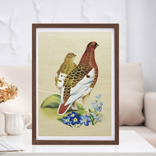 Willow Ptarmigan State Bird Handmade Art Printing Alaska Forget-me-not Flower with Wood Frame