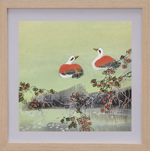 Wild Goose Vividland Handmade Art Printing Maple leaves Pond with Wood Frame