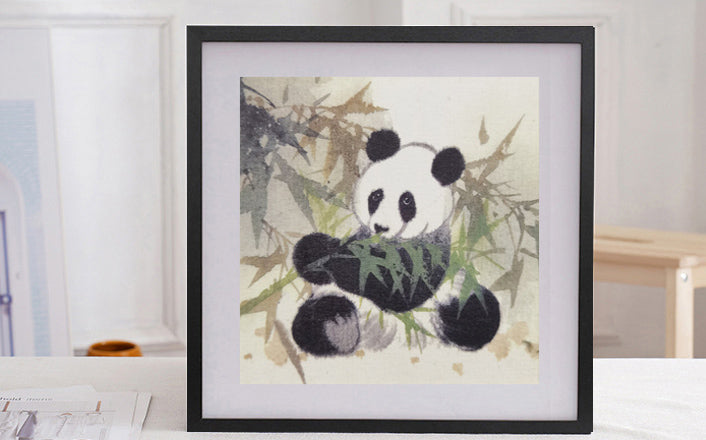 Panda Vividland Handmade Art Printing Eatting bamboo Playful Cute with Wood Frame