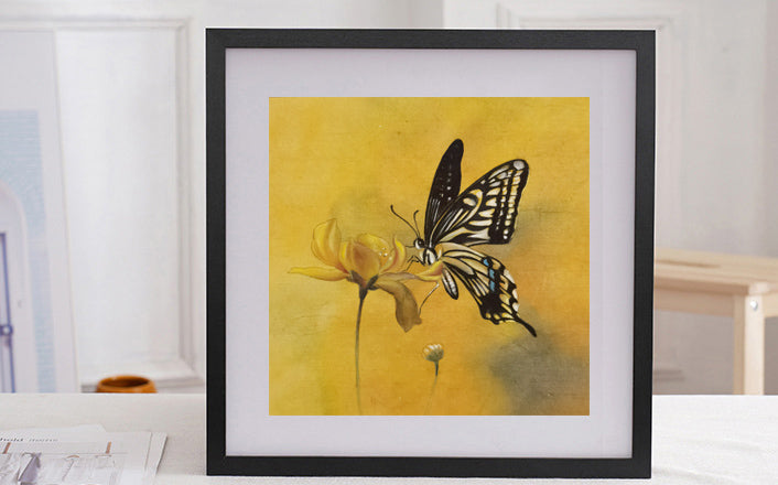 Butterfly Perception Handmade Art Printing Insects Yellow Flower with Wood Frame