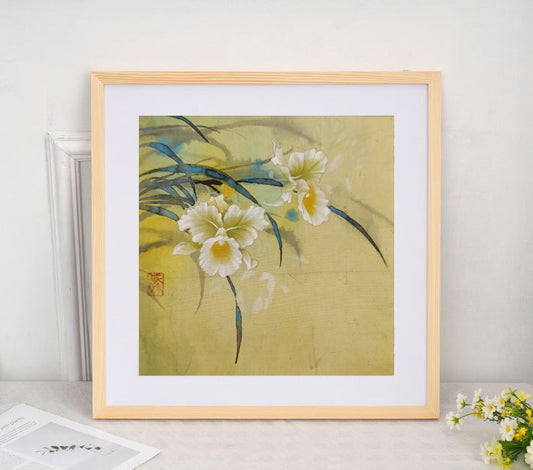 White Cymbidium Perception Handmade Art Printing Plants Flowers Beautiful Pure with Wood Frame