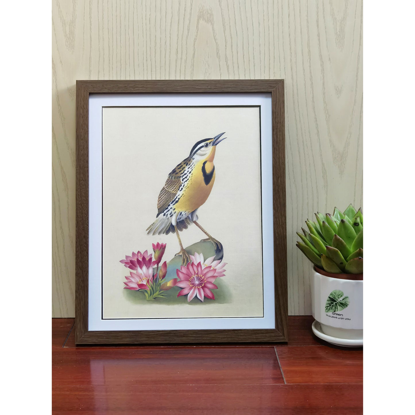Western Meadowlark Art Print - Hand-Drawn & Digitally Printed on Premium Matte Paper, Natural Wood Frame, Multiple Sizes & Colors, Dual Display for Home & Office