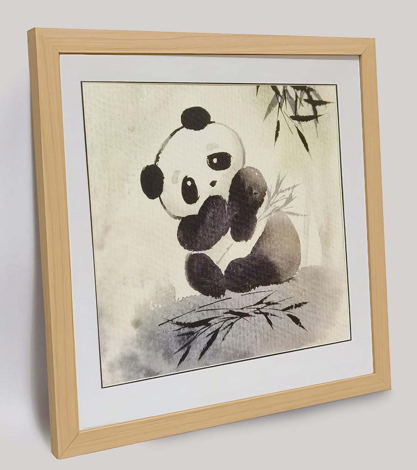 Hand-painted Watercolor Panda Playing in Bamboo Forest Art Print – Premium MATT Paper, Natural Wood Frame, Multiple Sizes & Colors
