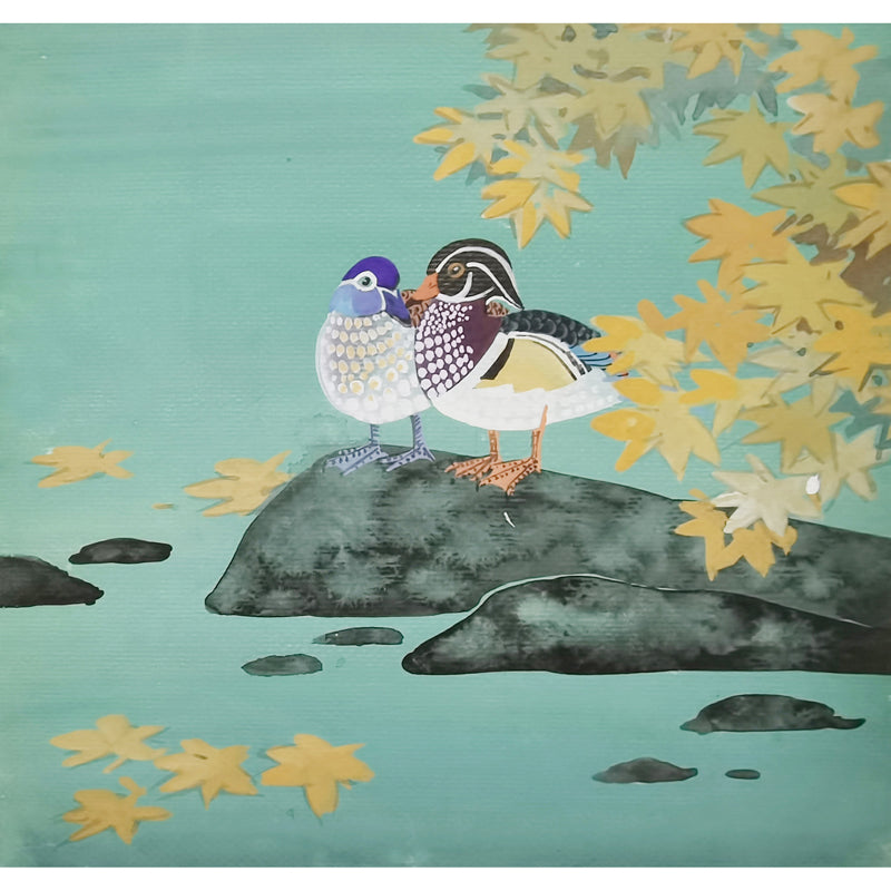 Hand-painted Mandarin Ducks Under Maple Tree – Watercolor Art Print, Premium MATT Paper, Natural Wood Frame, Custom Sizes & Colors