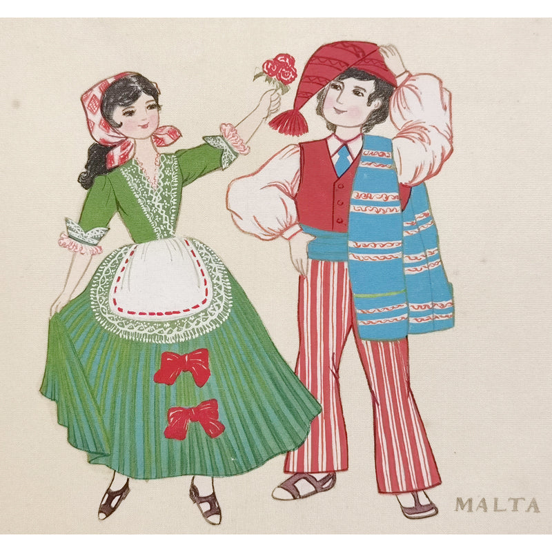 Hand-Painted Malta Traditional Folk Art Men & Women Costumes, Wood Framed, MATT Paper Print