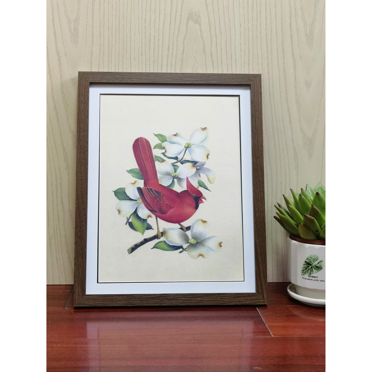 Virginia Northern Cardinal Hand-painted Art Print - Premium MATT Paper, Natural Wood Frame, Wall & Tabletop Décor, Multiple Sizes & Colors