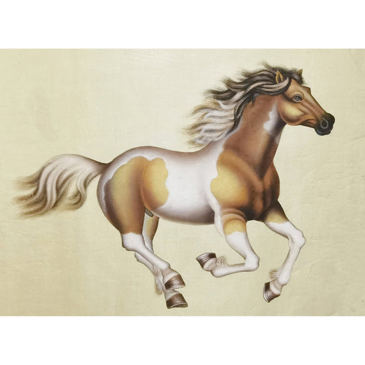 Hand-painted Ochre White Horse Artwork – Fine Brush Technique, Premium MATT Paper, Natural Wood Frame, Multiple Sizes & Colors