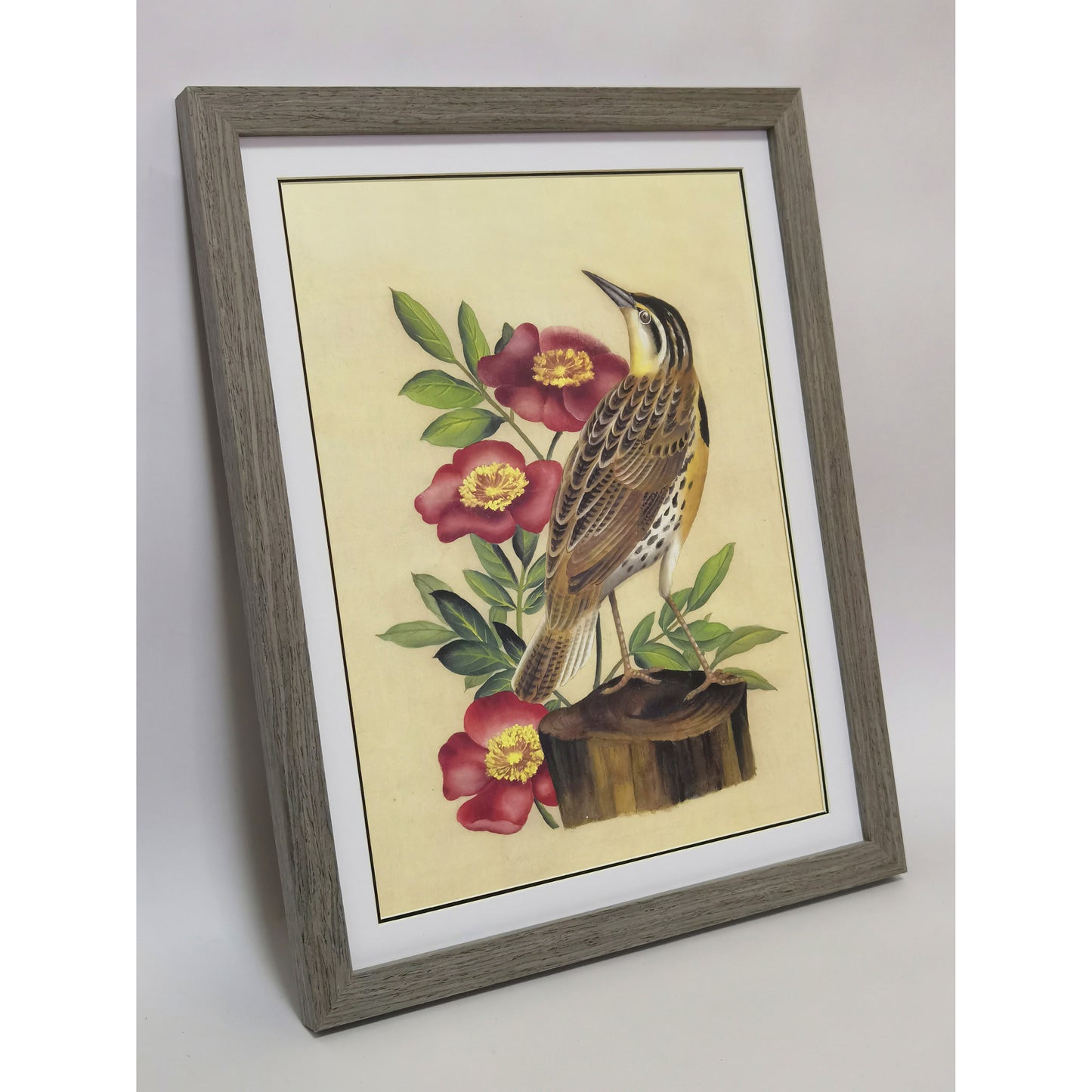 North Dakota Western Meadowlark Hand-painted Art Print - Premium MATT Paper, Natural Wood Frame, Multiple Sizes & Colors, Wall & Tabletop Décor