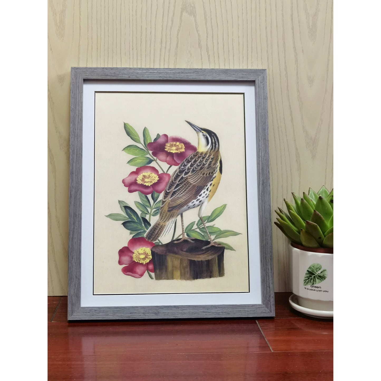North Dakota Western Meadowlark Hand-painted Art Print - Premium MATT Paper, Natural Wood Frame, Multiple Sizes & Colors, Wall & Tabletop Décor