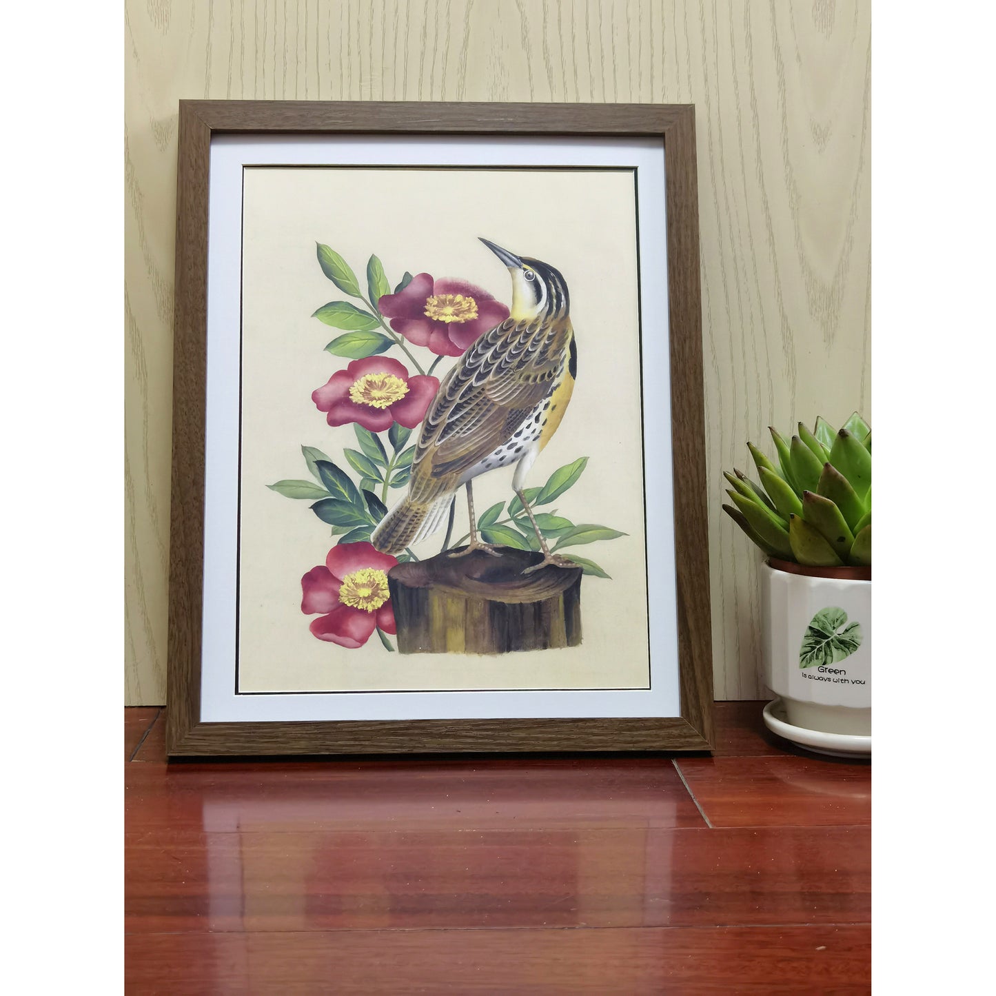 North Dakota Western Meadowlark Hand-painted Art Print - Premium MATT Paper, Natural Wood Frame, Multiple Sizes & Colors, Wall & Tabletop Décor