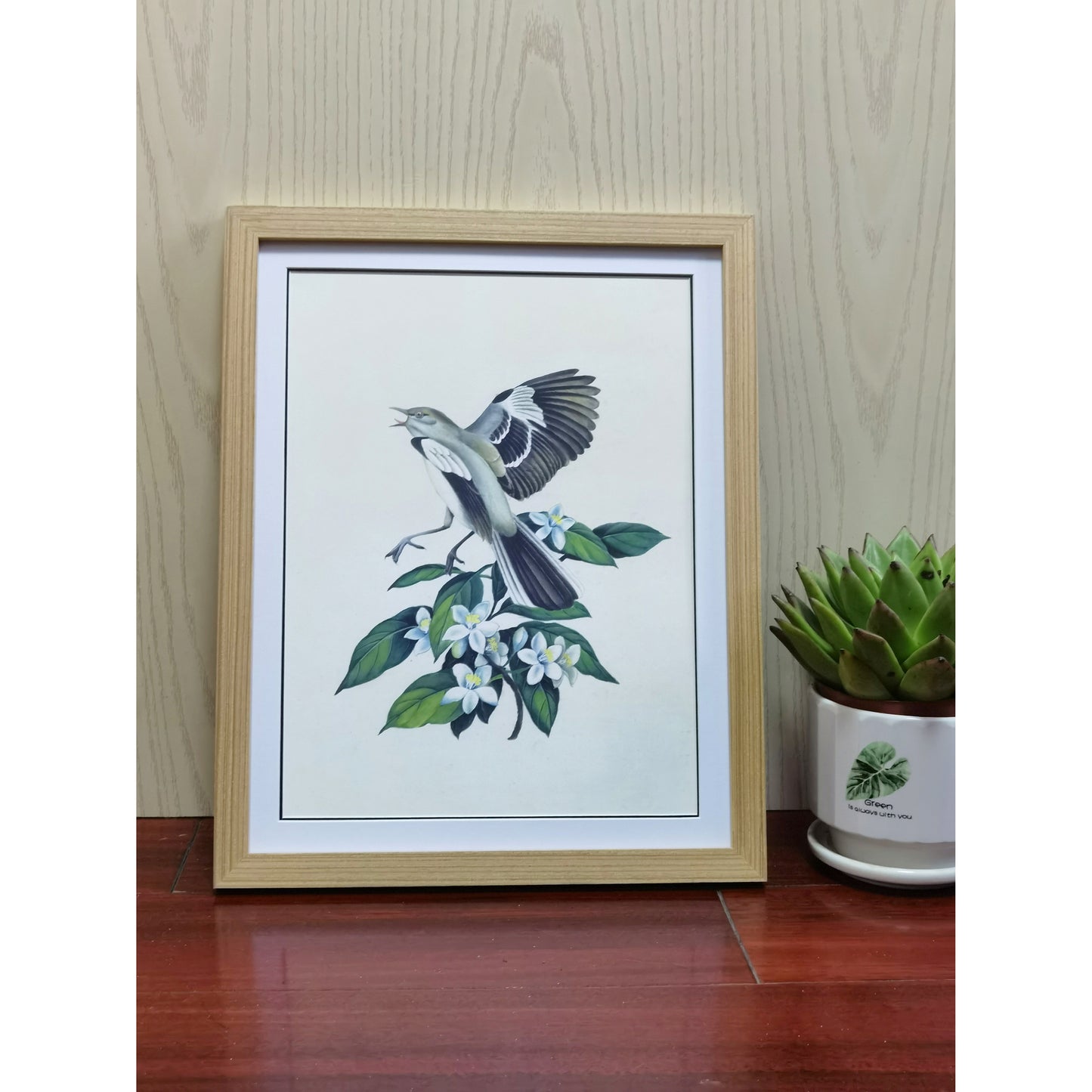 Florida Northern Mockingbird Hand-painted Art Print - Premium MATT Paper, Natural Wood Frame, Wall & Tabletop Décor, Multiple Sizes & Colors