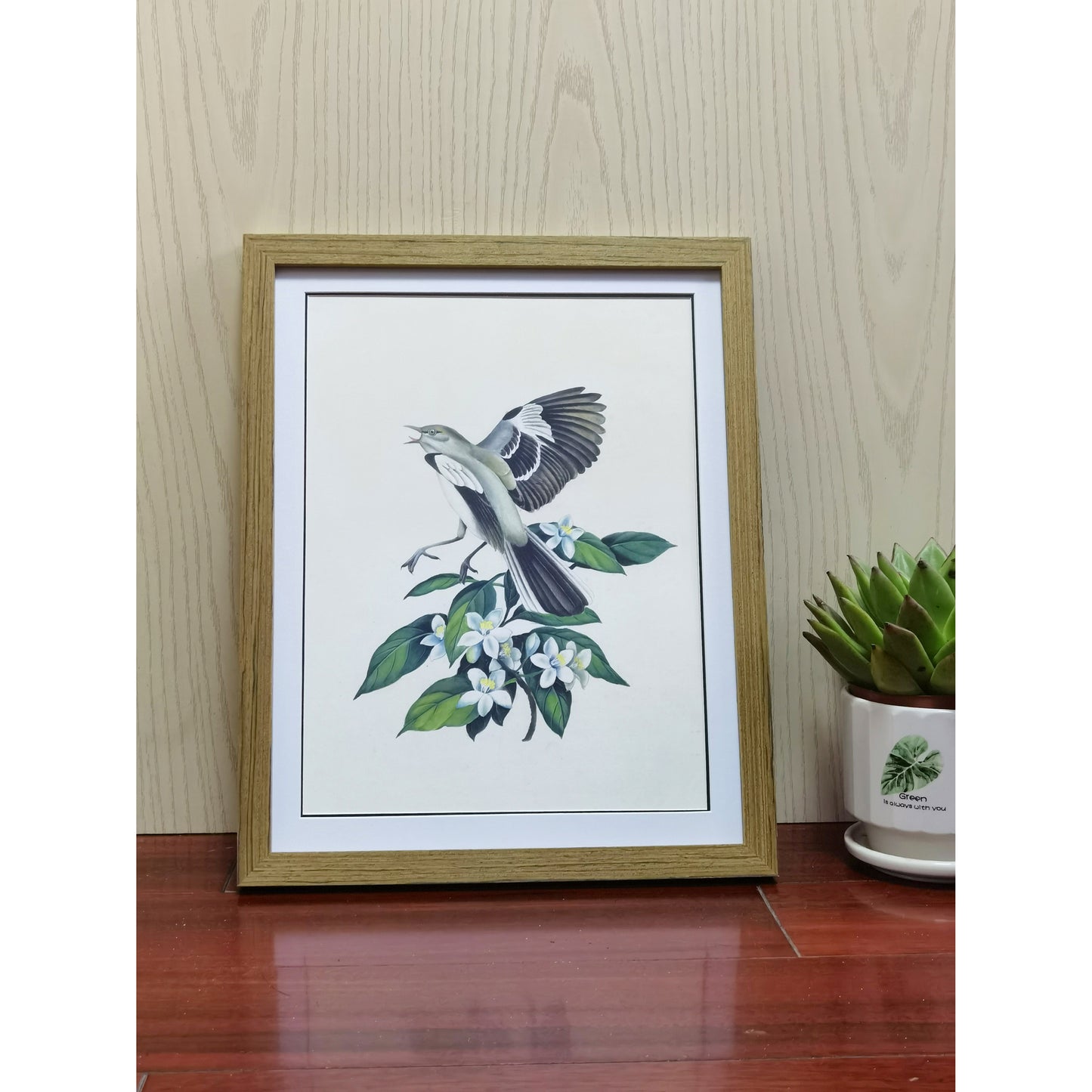 Florida Northern Mockingbird Hand-painted Art Print - Premium MATT Paper, Natural Wood Frame, Wall & Tabletop Décor, Multiple Sizes & Colors