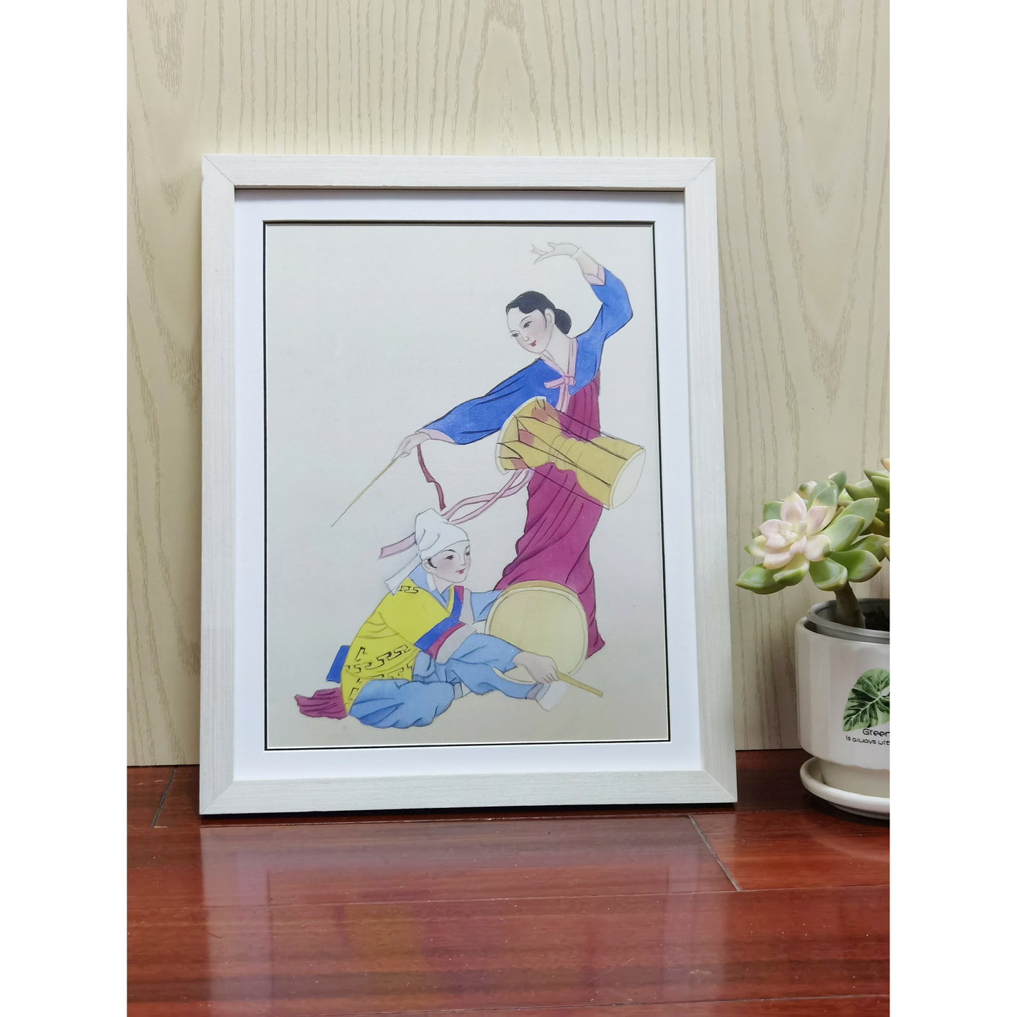 Hand-painted Korean Drummers Artwork – Fine Brush Technique, Premium MATT Paper, Natural Wood Frame, Multiple Sizes & Colors