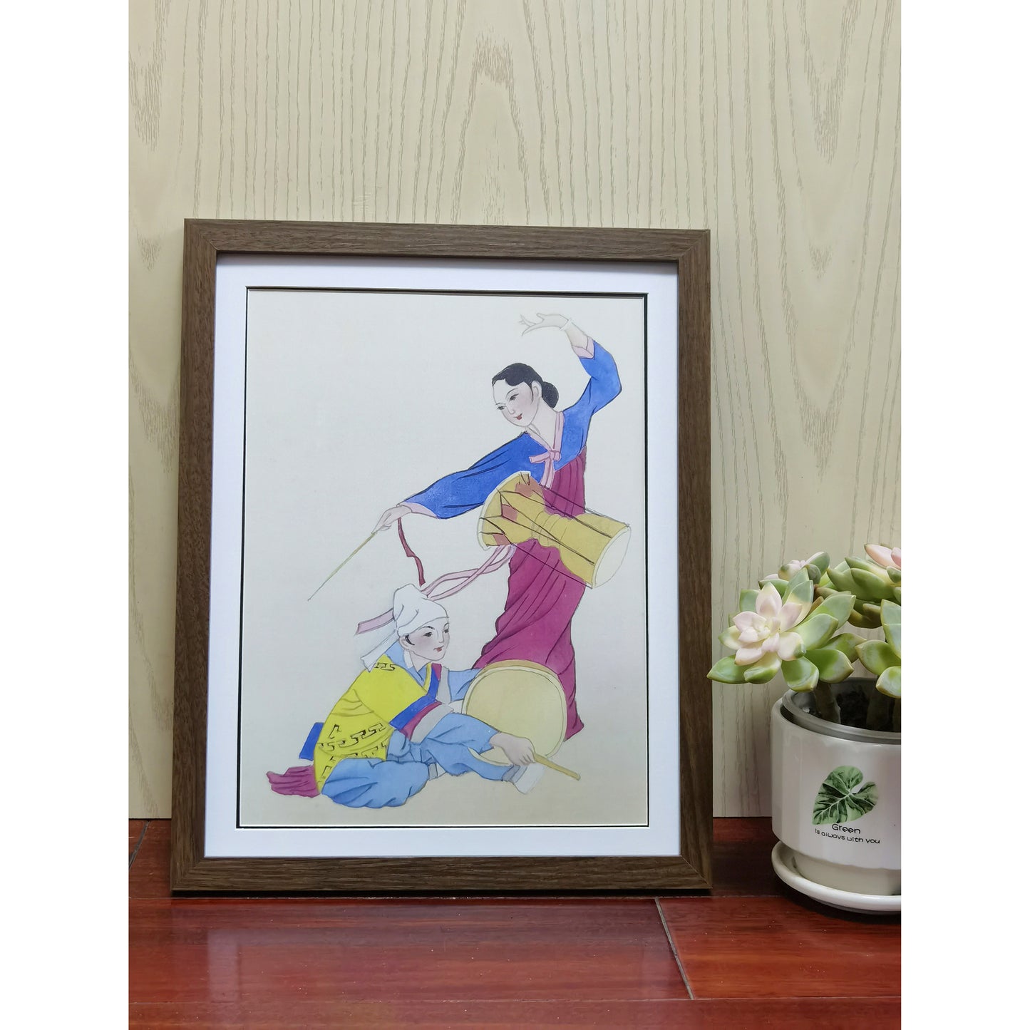 Hand-painted Korean Drummers Artwork – Fine Brush Technique, Premium MATT Paper, Natural Wood Frame, Multiple Sizes & Colors