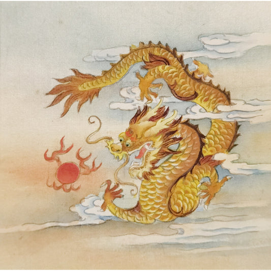 Hand-painted Golden Dragon Playing with Pearl Artwork – Fine Brush Technique, Premium MATT Paper, Natural Wood Frame, Multiple Sizes & Colors