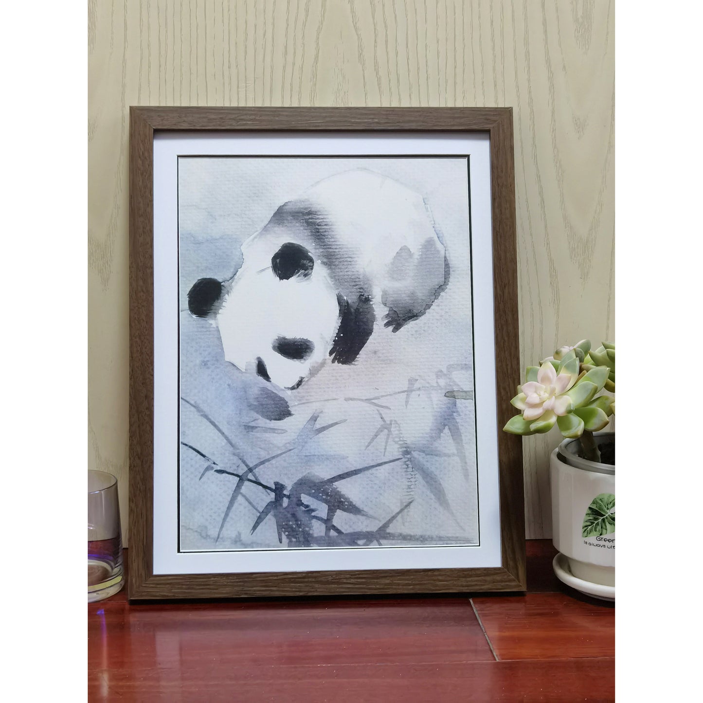 Hand-painted Watercolor Panda Art Print – Premium MATT Paper, Natural Wood Frame, Multiple Sizes & Colors