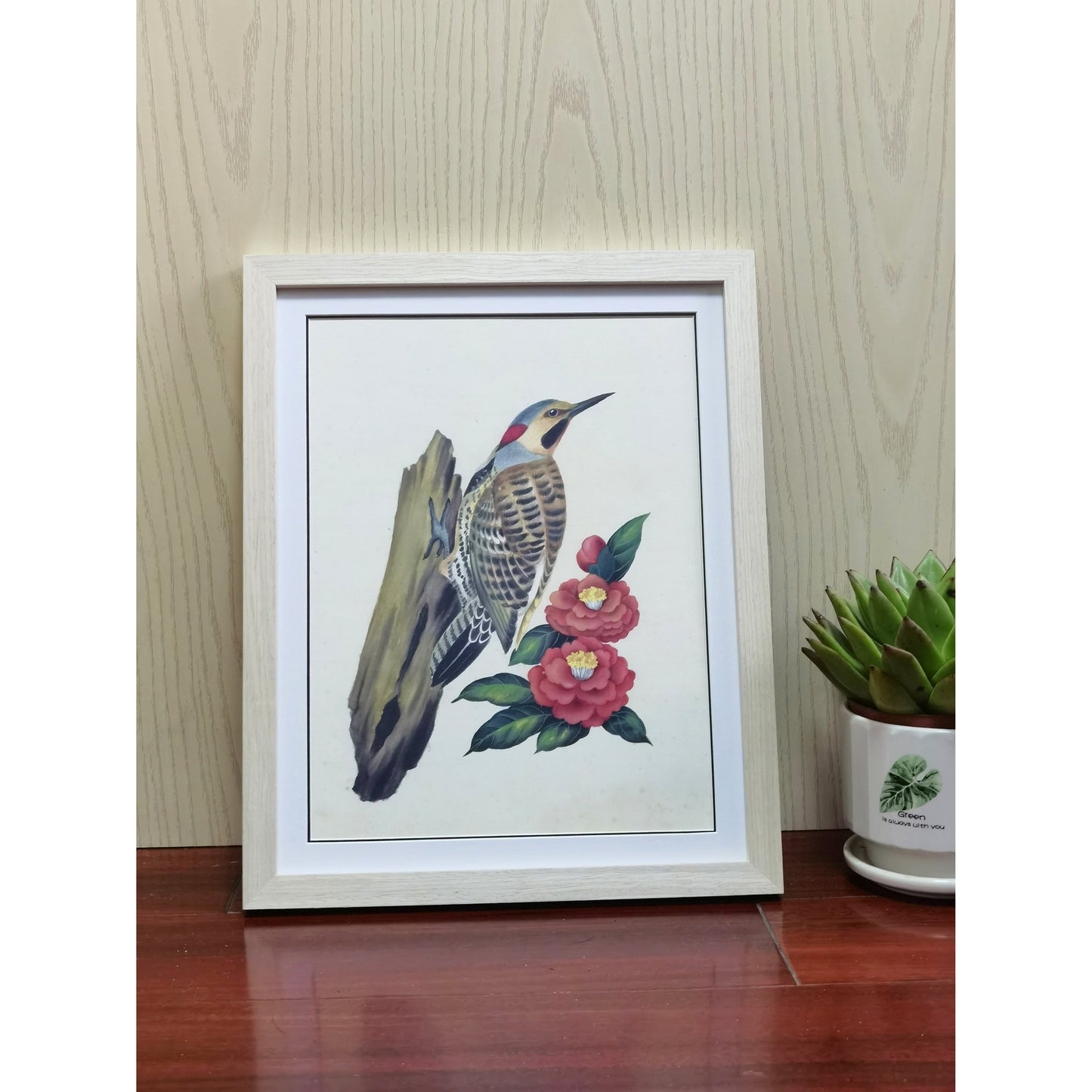 Alabama Golden-winged Woodpecker Hand-painted Art Print - Premium MATT Paper, Natural Wood Frame, Wall & Tabletop Décor, Multiple Sizes & Colors