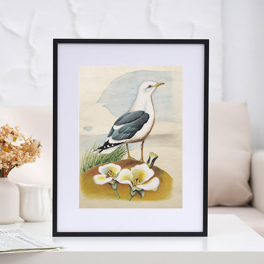 Common American Gull State Bird Handmade Art Printing Utah Sego Lily with Wood Frame
