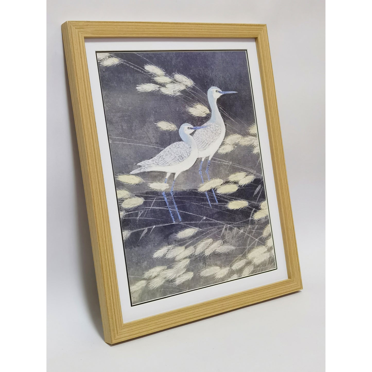 Hand-painted Blue Cormorant in Reed Bed Artwork – Watercolor Technique, Premium MATT Paper, Natural Wood Frame, Multiple Sizes & Colors