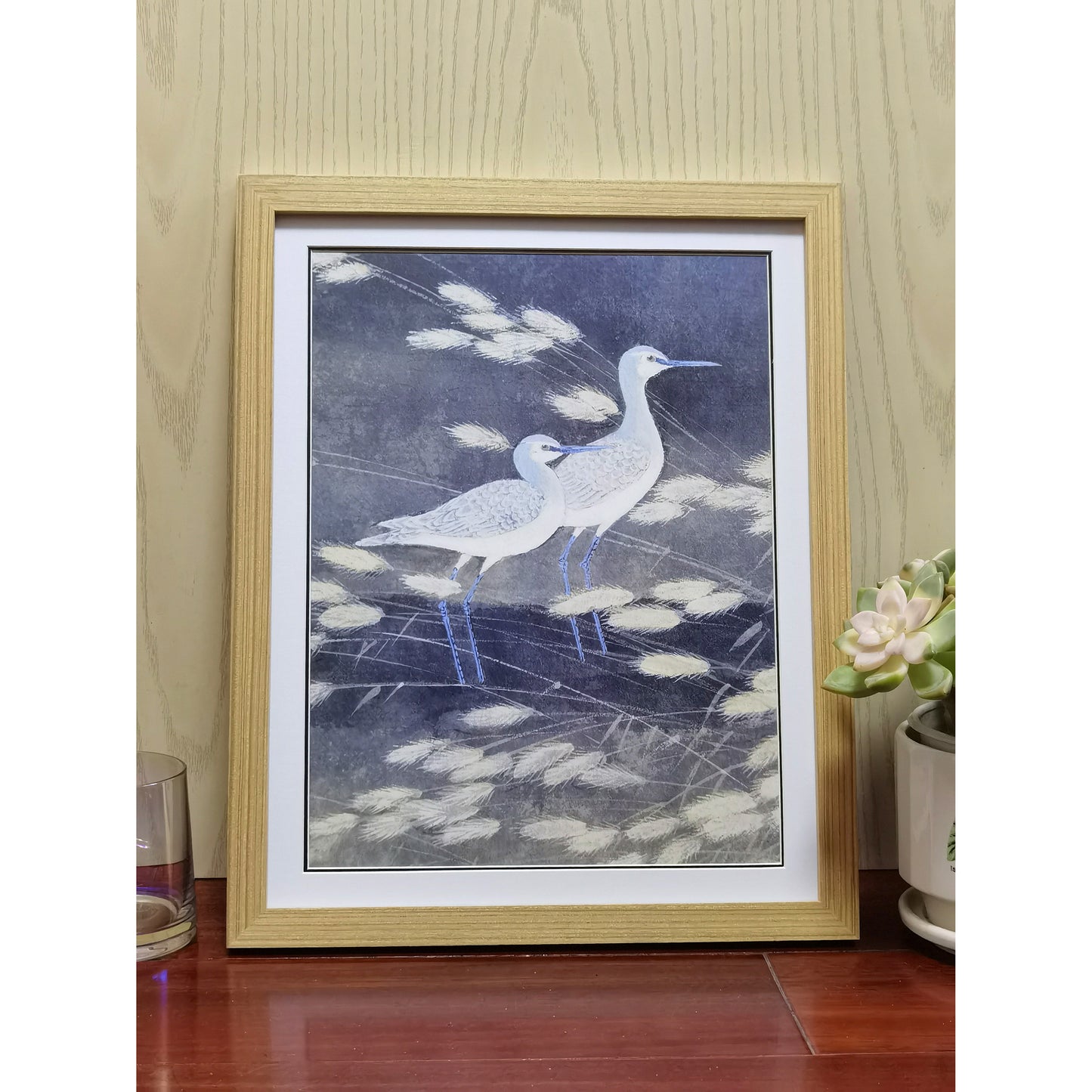 Hand-painted Blue Cormorant in Reed Bed Artwork – Watercolor Technique, Premium MATT Paper, Natural Wood Frame, Multiple Sizes & Colors