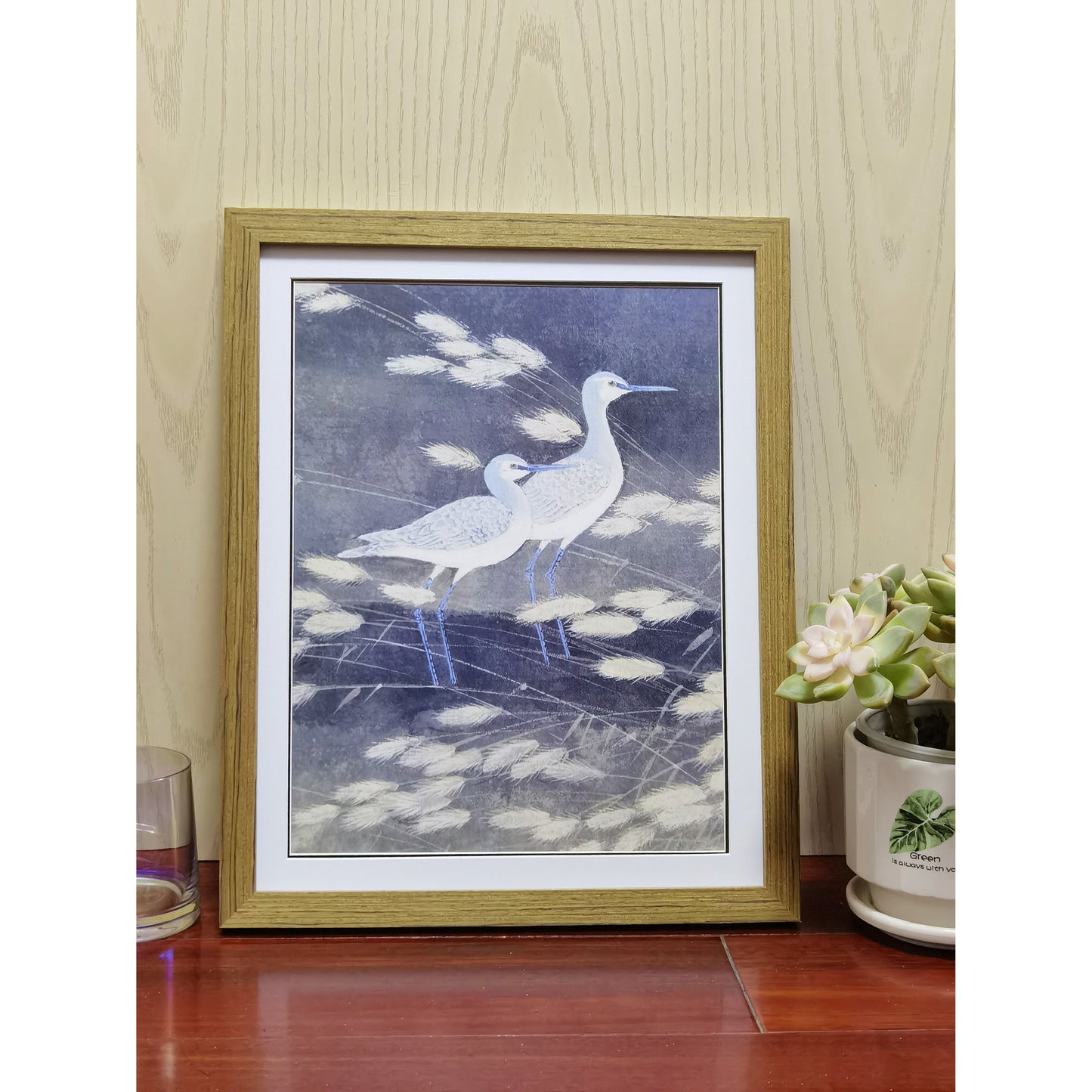 Hand-painted Blue Cormorant in Reed Bed Artwork – Watercolor Technique, Premium MATT Paper, Natural Wood Frame, Multiple Sizes & Colors