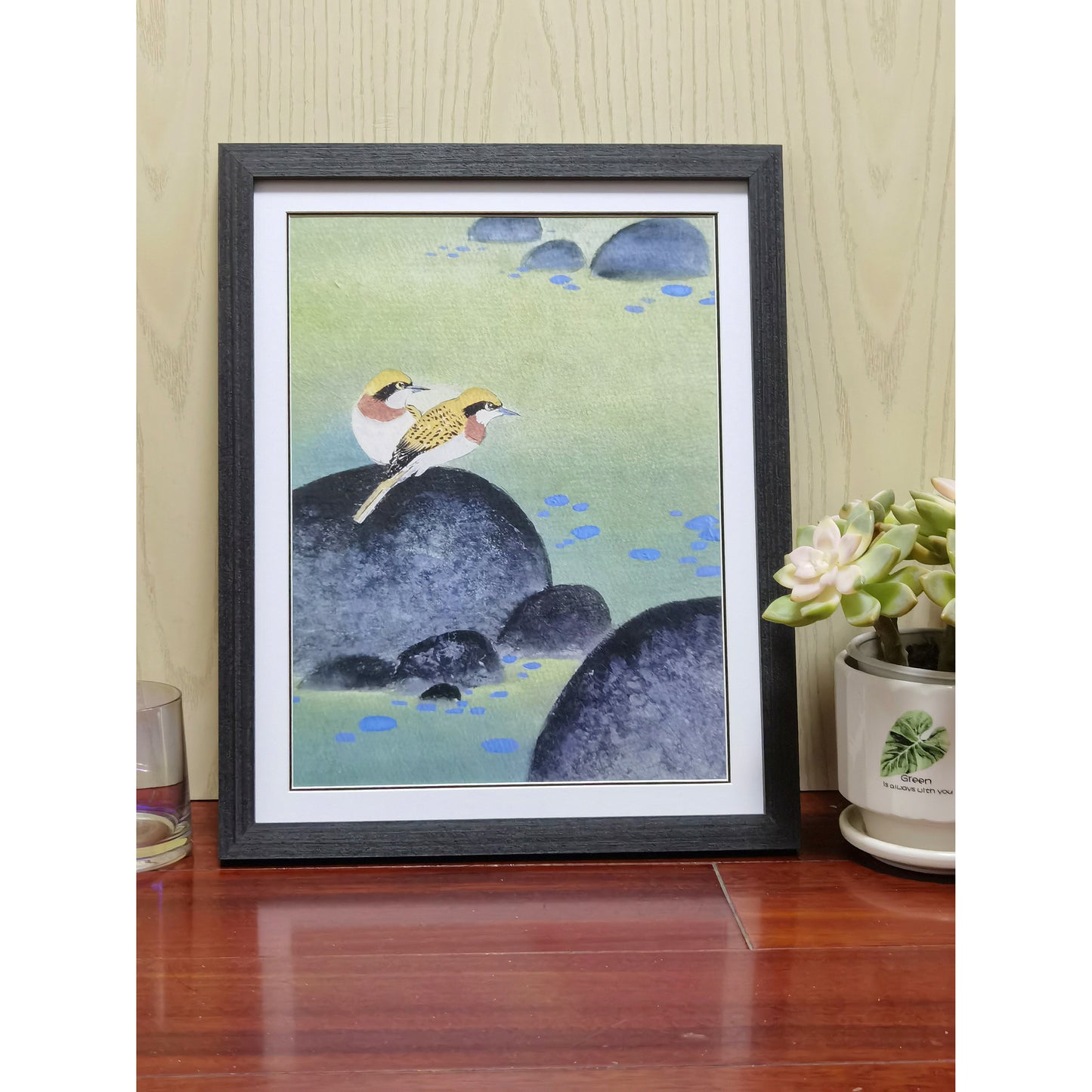 Hand-painted Yellow Warblers on Pond Rocks Artwork – Watercolor Technique, Premium MATT Paper, Natural Wood Frame, Multiple Sizes & Colors