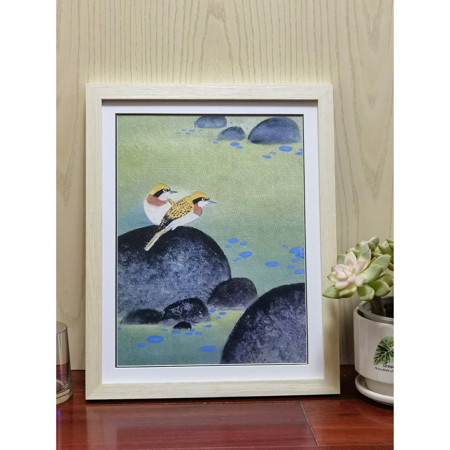 Hand-painted Yellow Warblers on Pond Rocks Artwork – Watercolor Technique, Premium MATT Paper, Natural Wood Frame, Multiple Sizes & Colors