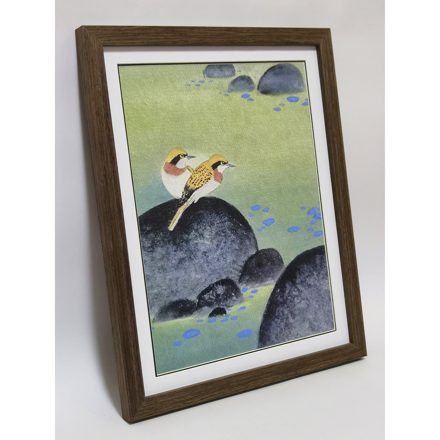 Hand-painted Yellow Warblers on Pond Rocks Artwork – Watercolor Technique, Premium MATT Paper, Natural Wood Frame, Multiple Sizes & Colors