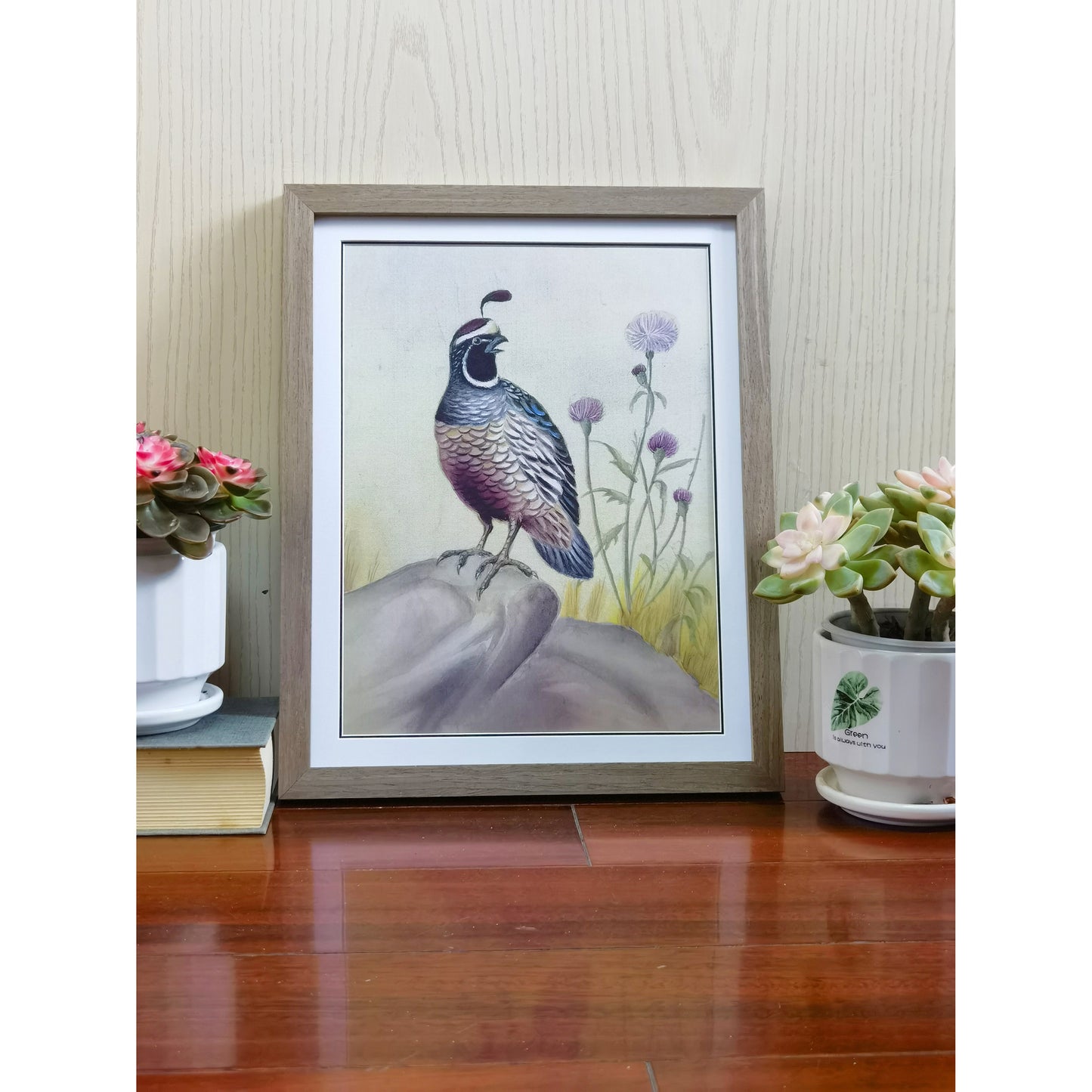 California Quail Hand-Painted Artwork | Fine Brush Technique | Premium Color Print | Natural Wood Frame | Custom Sizes & Colors Available