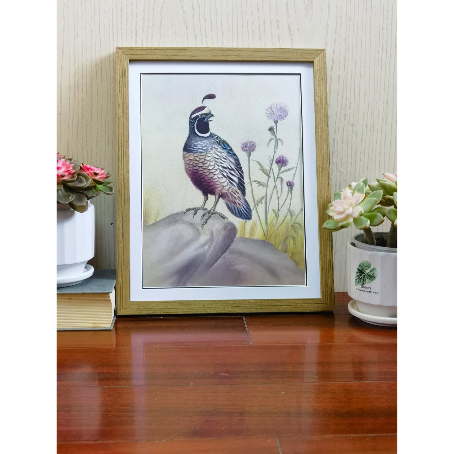 California Quail Hand-Painted Artwork | Fine Brush Technique | Premium Color Print | Natural Wood Frame | Custom Sizes & Colors Available