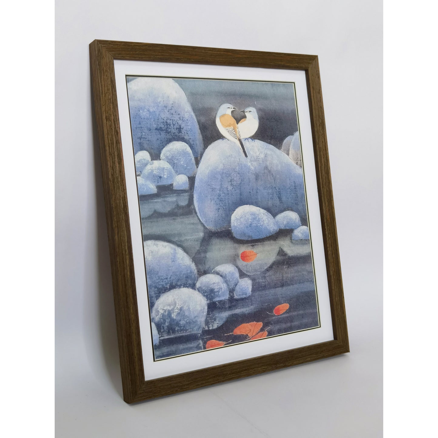Hand-painted Shrikes on Pond Rocks with Red Maple Leaves – Watercolor Artwork, Premium MATT Paper, Natural Wood Frame, Custom Sizes & Colors