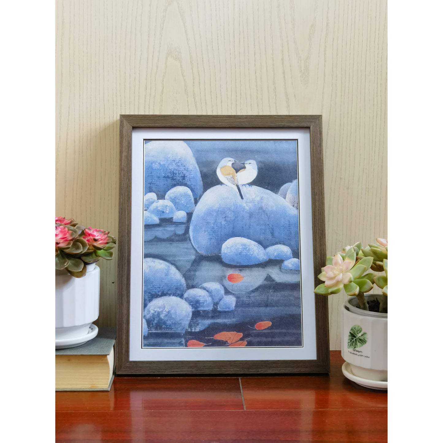 Hand-painted Shrikes on Pond Rocks with Red Maple Leaves – Watercolor Artwork, Premium MATT Paper, Natural Wood Frame, Custom Sizes & Colors