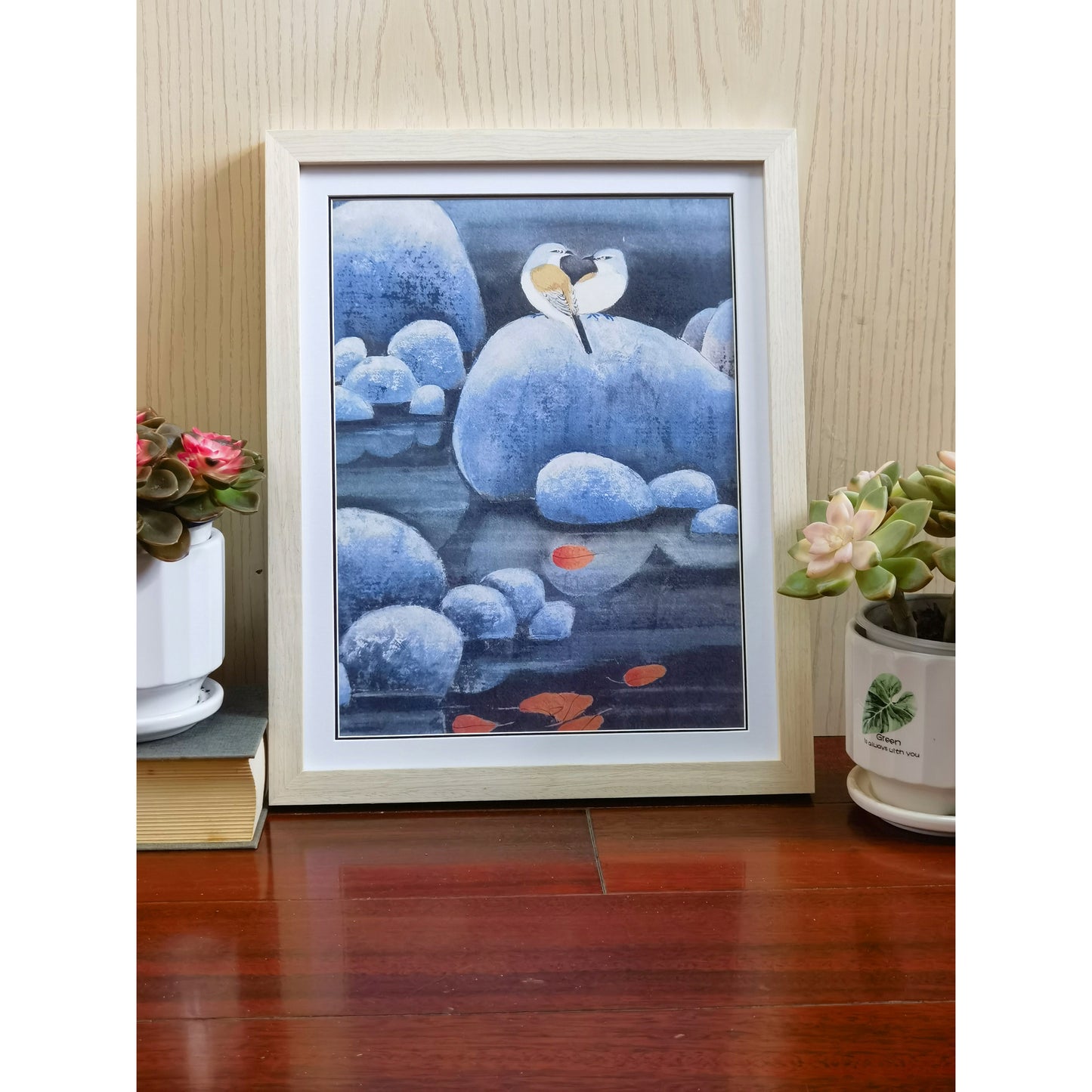 Hand-painted Shrikes on Pond Rocks with Red Maple Leaves – Watercolor Artwork, Premium MATT Paper, Natural Wood Frame, Custom Sizes & Colors