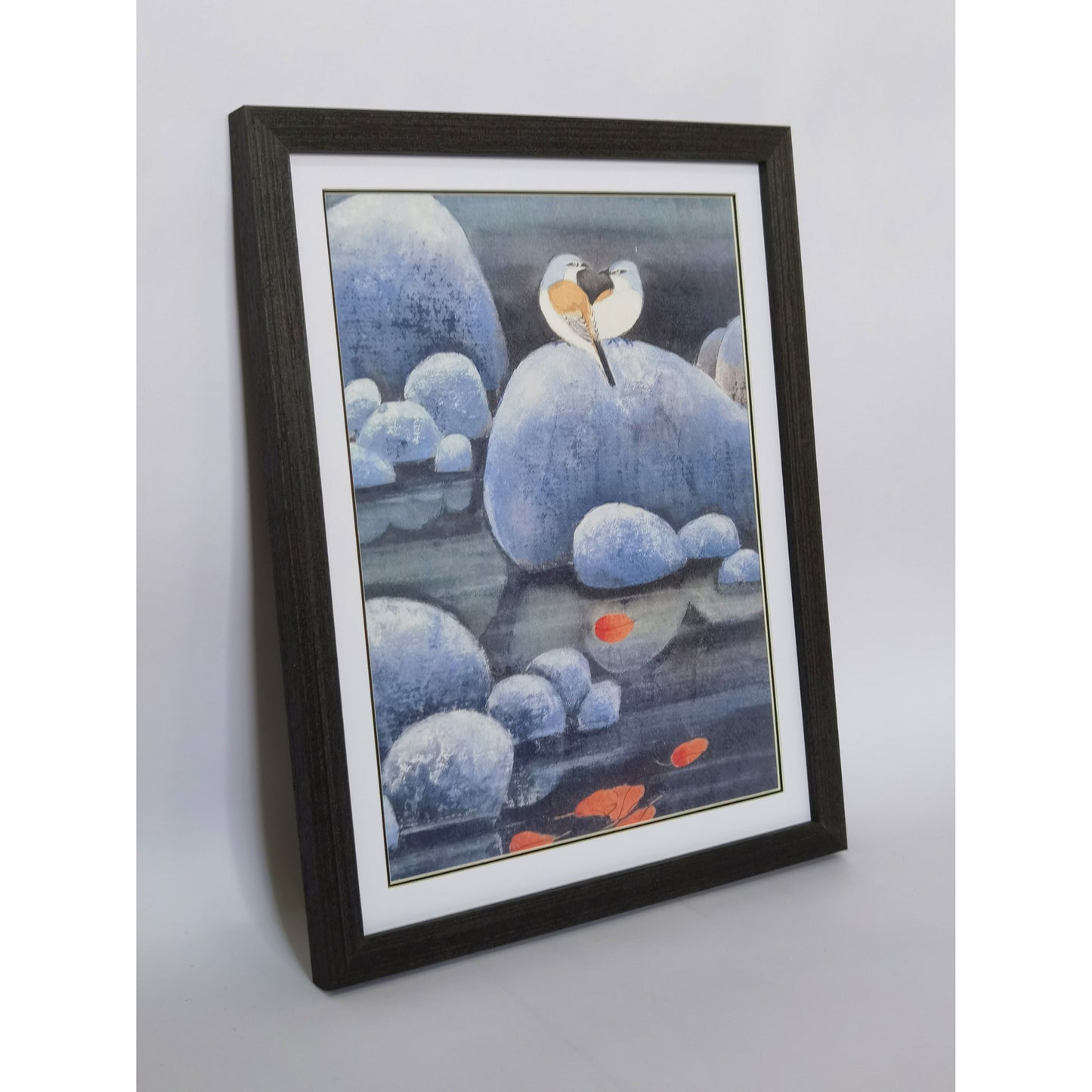 Hand-painted Shrikes on Pond Rocks with Red Maple Leaves – Watercolor Artwork, Premium MATT Paper, Natural Wood Frame, Custom Sizes & Colors