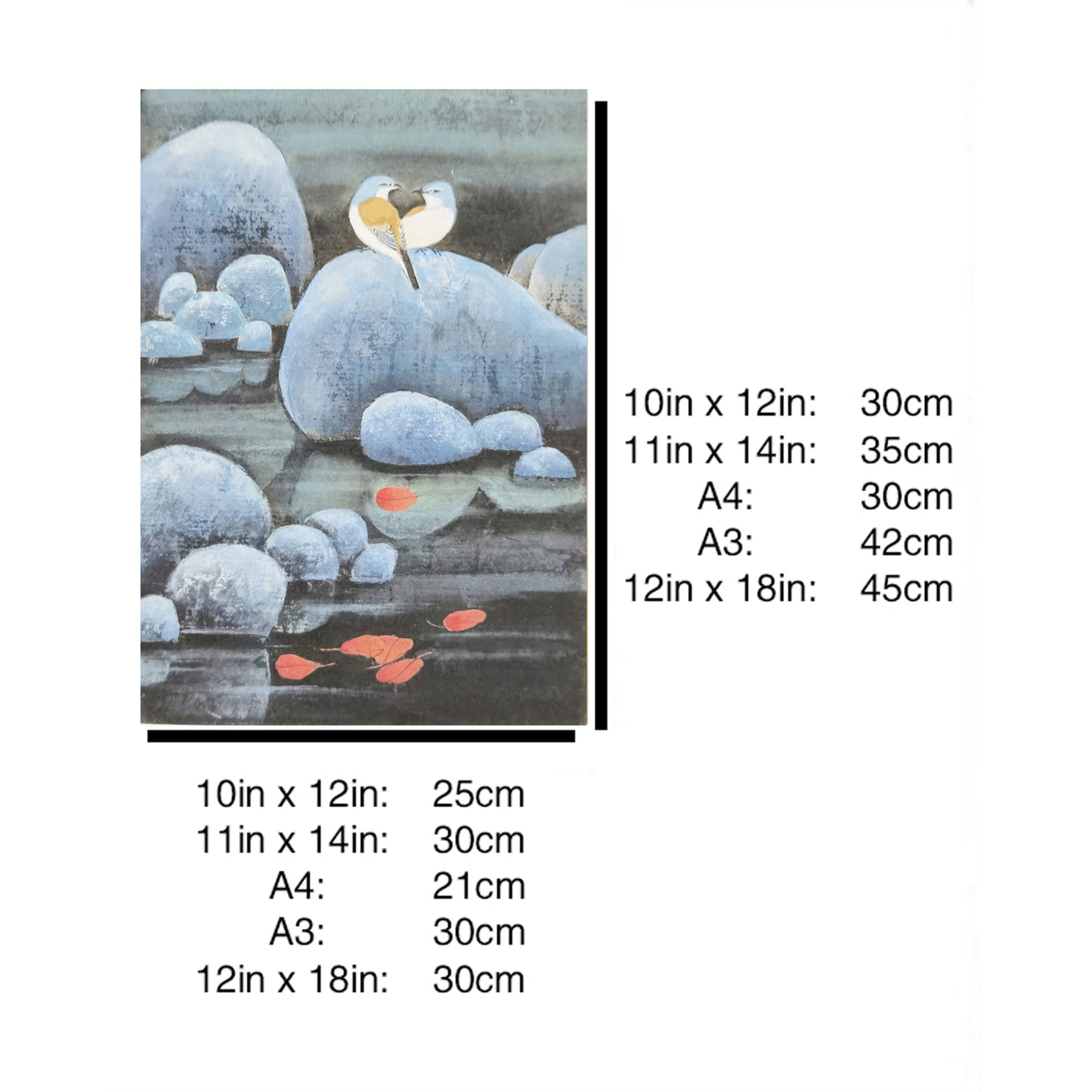 Hand-painted Shrikes on Pond Rocks with Red Maple Leaves – Watercolor Artwork, Premium MATT Paper, Natural Wood Frame, Custom Sizes & Colors