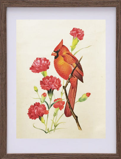 Cardinal State Bird Handmade Art Printing North Carolina Dogwood with Wood Frame