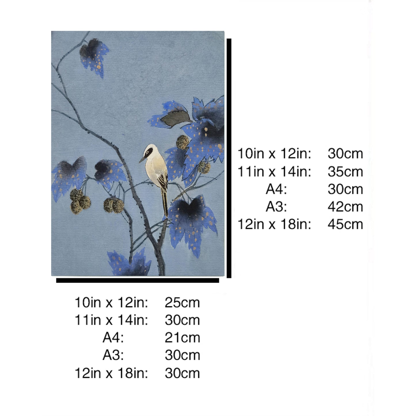Hand-painted Nightingale on Paulownia Tree Branch Artwork – Watercolor Technique, Premium MATT Paper, Natural Wood Frame, Multiple Sizes & Colors