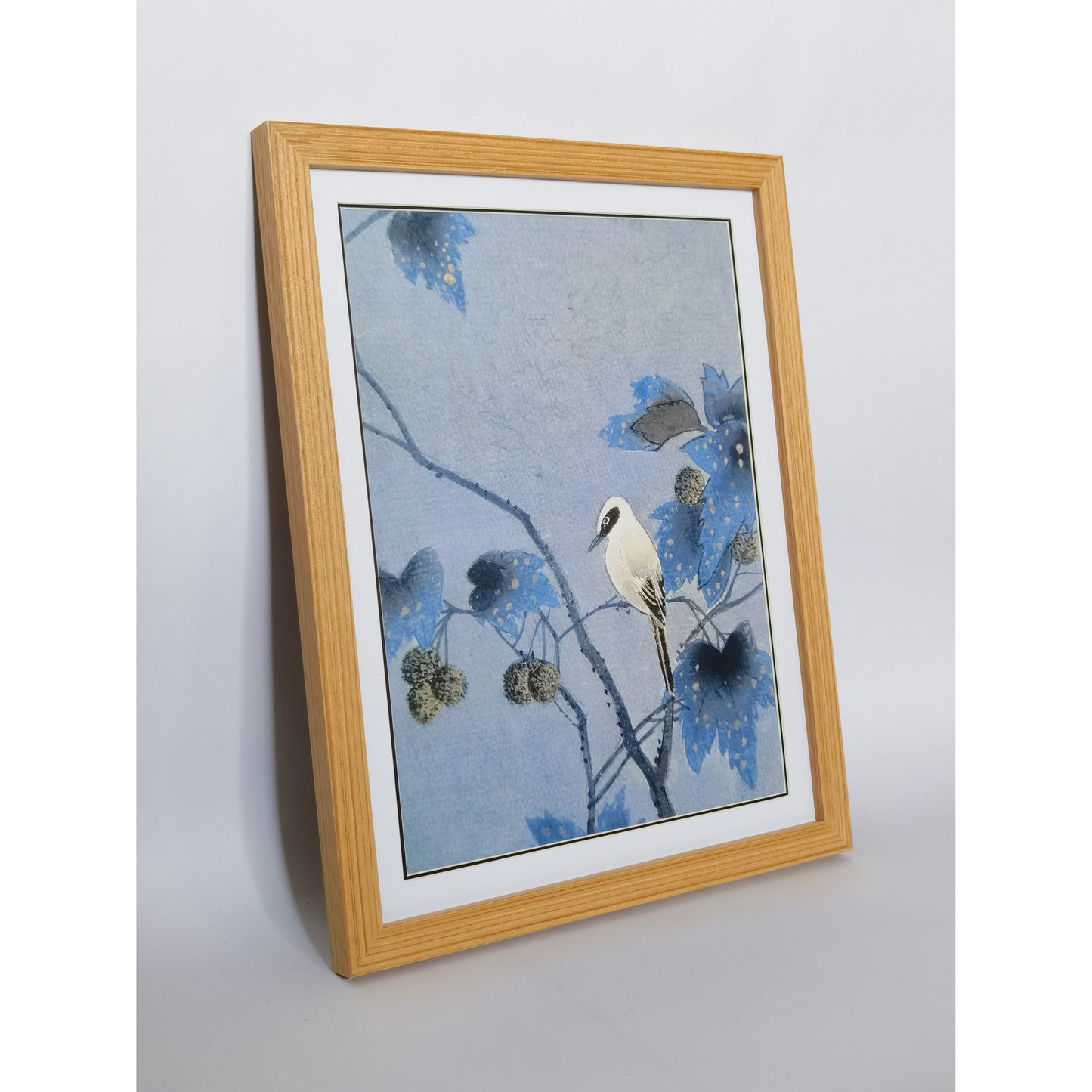 Hand-painted Nightingale on Paulownia Tree Branch Artwork – Watercolor Technique, Premium MATT Paper, Natural Wood Frame, Multiple Sizes & Colors