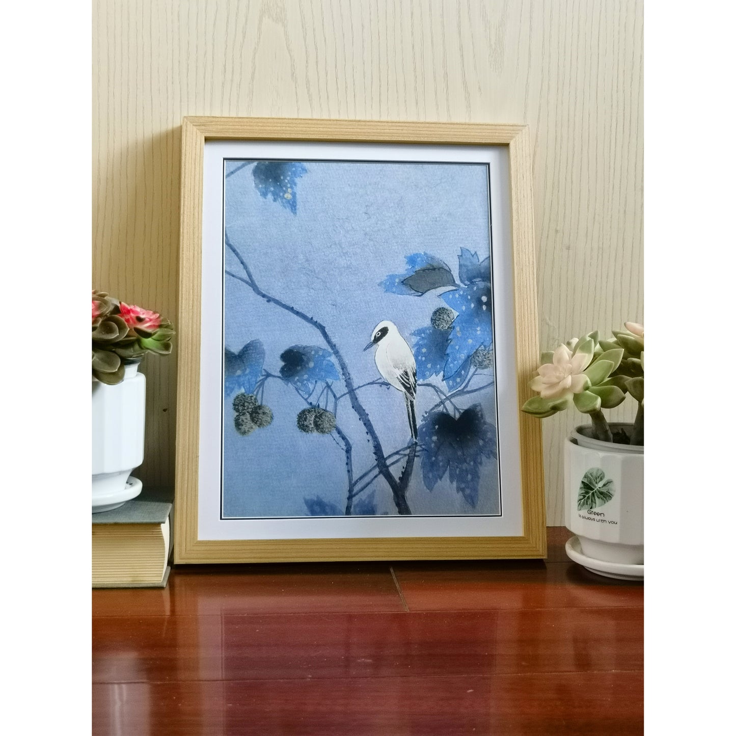 Hand-painted Nightingale on Paulownia Tree Branch Artwork – Watercolor Technique, Premium MATT Paper, Natural Wood Frame, Multiple Sizes & Colors